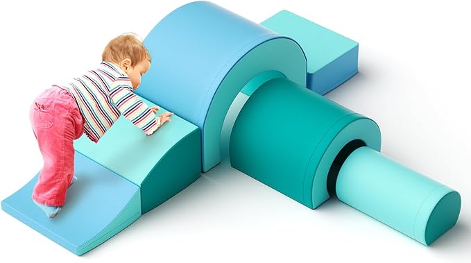 Foam Climbing Blocks, Soft Climbing Toys for Toddlers, 5 Pieces Crawl and Climb Foam Playset with Foldable Block and Tunnel, Indoor Climber Activity Play Set for Kids Age 1+(Blue)