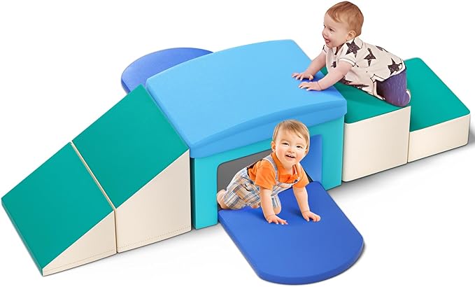Indoor Soft Foam Climber Play Sets, Toddler Climbing Toys Indoor with Slide Stairs and Ramp Indoor Climbing Toys for Kids and Children,6 Pieces(Light Blue)