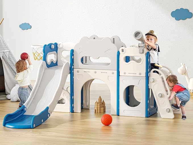 Toddler Slide Indoor, 8 in 1 Indoor Playground for Kids 1-3 Toddler Playset with Climber, Basketball Hoop, Tunnel and Storage Space Kids Outdoor Slide Playset