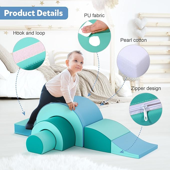 Foam Climbing Blocks, Soft Climbing Toys for Toddlers, 5 Pieces Crawl and Climb Foam Playset with Foldable Block and Tunnel, Indoor Climber Activity Play Set for Kids Age 1+(Blue)