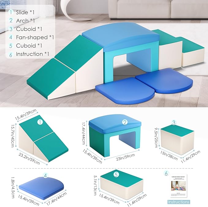 Indoor Soft Foam Climber Play Sets, Toddler Climbing Toys Indoor with Slide Stairs and Ramp Indoor Climbing Toys for Kids and Children,6 Pieces(Light Blue)